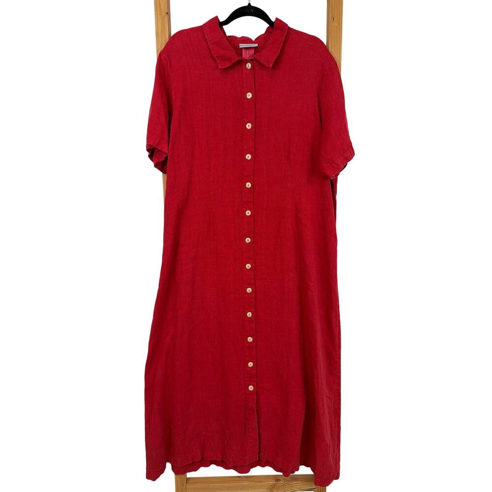 Vintage 90's Norm Thompson Red Linen Back Tie Button Midi Dress Made in USA XL